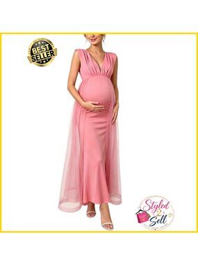 Maternity Maxi Dress V Neck Sleeveless Tulle Overlay Formal Gown
